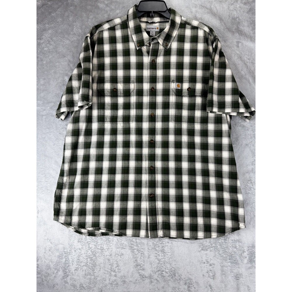 Carhartt Mens Button-UP Shirt 2XL Green Cotton Plaid Relaxed Fit Long Sleeve